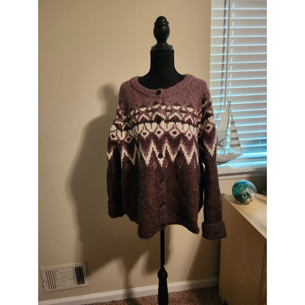 GAP XLT Tall Fair Isle Cardigan Sweater Brown Cream Alpaca Academia Preppy